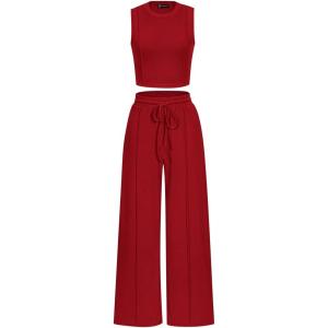 PRETTYGARDEN Women’s Summer 2 Piece Loungewear Set Cropped Tank Top Wide Leg Sweatpants Tracksuit Casual Outfits(Red)
