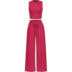 PRETTYGARDEN Women’s Summer 2 Piece Loungewear Set Cropped Tank Top Wide Leg Sweatpants Tracksuit Casual Outfits(Rose Red)