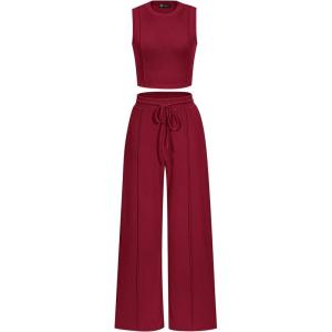 PRETTYGARDEN Women’s Summer 2 Piece Loungewear Set Cropped Tank Top Wide Leg Sweatpants Tracksuit Casual Outfits(Wine Red)