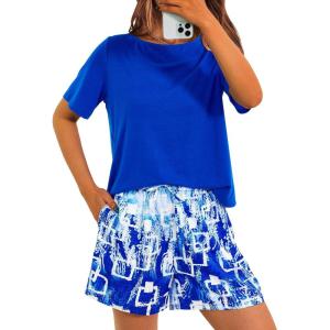 PRETTYGARDEN Women’s Summer 2 Piece Outfits Lounge Sets Short Sleeve Tee Shirts Tops Blouses Pockets Printed Shorts Tracksuit(Blue)