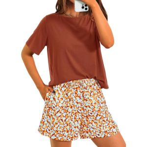 PRETTYGARDEN Women’s Summer 2 Piece Outfits Lounge Sets Short Sleeve Tee Shirts Tops Blouses Pockets Printed Shorts Tracksuit(Brown)