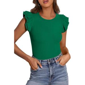 PRETTYGARDEN Womens Summer Crew Neck T Shirts 2026 Trendy Ruffle Sleeve Slim Fit Knit Going Out Tops Casual Spring Clothes(Green)