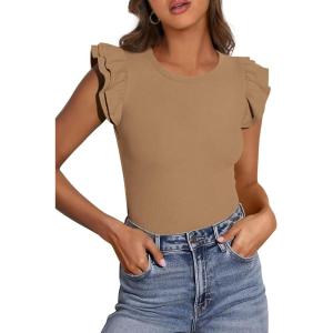 PRETTYGARDEN Womens Summer Crew Neck T Shirts 2026 Trendy Ruffle Sleeve Slim Fit Knit Going Out Tops Casual Spring Clothes(Khaki)