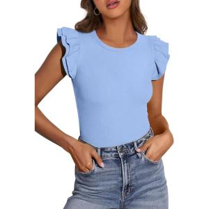 PRETTYGARDEN Womens Summer Crew Neck T Shirts 2026 Trendy Ruffle Sleeve Slim Fit Knit Going Out Tops Casual Spring Clothes(Light Blue)