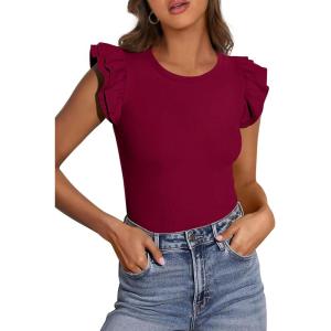 PRETTYGARDEN Womens Summer Crew Neck T Shirts 2026 Trendy Ruffle Sleeve Slim Fit Knit Going Out Tops Casual Spring Clothes(Wine Red)