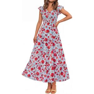 PRETTYGARDEN Women’s Summer Flowy Maxi Dress Casual Cap Sleeve V Neck Smocked Beach Sundress(Floral Blue Red)