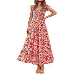 PRETTYGARDEN Women’s Summer Flowy Maxi Dress Casual Cap Sleeve V Neck Smocked Beach Sundress(Floral Orange Pink Red)