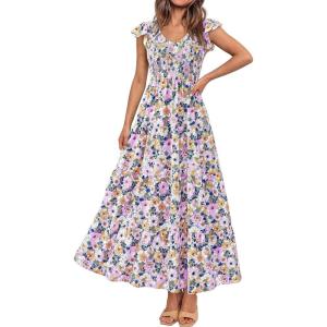 PRETTYGARDEN Women’s Summer Flowy Maxi Dress Casual Cap Sleeve V Neck Smocked Beach Sundress(Floral Purple Pink)
