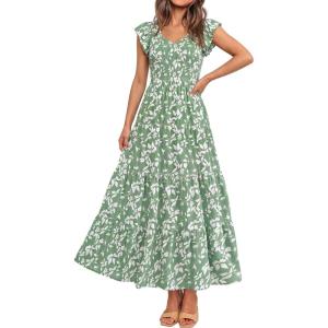 PRETTYGARDEN Women’s Summer Flowy Maxi Dress Casual Cap Sleeve V Neck Smocked Beach Sundress(Leaves Light Green)