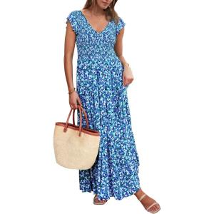 PRETTYGARDEN Women’s Summer Flowy Maxi Dress Casual Cap Sleeve V Neck Smocked Beach Sundress(Print Blue)