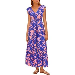 PRETTYGARDEN Women’s Summer Flowy Maxi Dress Casual Cap Sleeve V Neck Smocked Beach Sundress(Print Pink Purple)