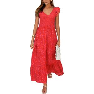 PRETTYGARDEN Women’s Summer Flowy Maxi Dress Casual Cap Sleeve V Neck Smocked Beach Sundress(Print Red)