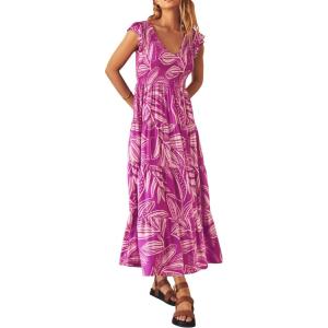 PRETTYGARDEN Women’s Summer Flowy Maxi Dress Casual Cap Sleeve V Neck Smocked Beach Sundress(Print Rose Purple)