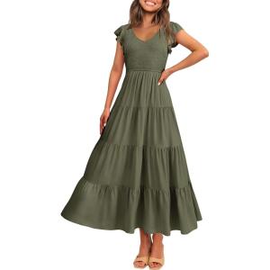 PRETTYGARDEN Women’s Summer Flowy Maxi Dress Casual Cap Sleeve V Neck Smocked Beach Sundress(Solid Army Green)