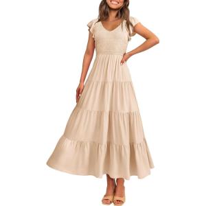 PRETTYGARDEN Women’s Summer Flowy Maxi Dress Casual Cap Sleeve V Neck Smocked Beach Sundress(Solid Beige)