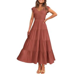 PRETTYGARDEN Women’s Summer Flowy Maxi Dress Casual Cap Sleeve V Neck Smocked Beach Sundress(Solid Brick Red)