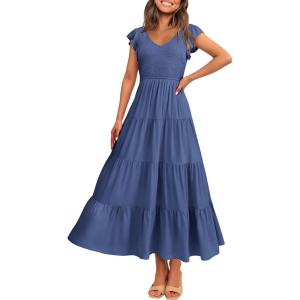PRETTYGARDEN Women’s Summer Flowy Maxi Dress Casual Cap Sleeve V Neck Smocked Beach Sundress(Solid Grey Blue)