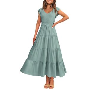 PRETTYGARDEN Women’s Summer Flowy Maxi Dress Casual Cap Sleeve V Neck Smocked Beach Sundress(Solid Grey Green)