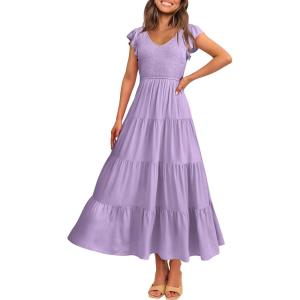 PRETTYGARDEN Women’s Summer Flowy Maxi Dress Casual Cap Sleeve V Neck Smocked Beach Sundress(Solid Grey Purple)