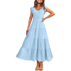 PRETTYGARDEN Women’s Summer Flowy Maxi Dress Casual Cap Sleeve V Neck Smocked Beach Sundress(Solid Light Blue)