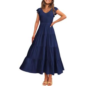 PRETTYGARDEN Women’s Summer Flowy Maxi Dress Casual Cap Sleeve V Neck Smocked Beach Sundress(Solid Navy)