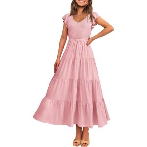 PRETTYGARDEN Women’s Summer Flowy Maxi Dress Casual Cap Sleeve V Neck Smocked Beach Sundress(Solid Pink)