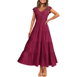 PRETTYGARDEN Women’s Summer Flowy Maxi Dress Casual Cap Sleeve V Neck Smocked Beach Sundress(Solid Wine Red)