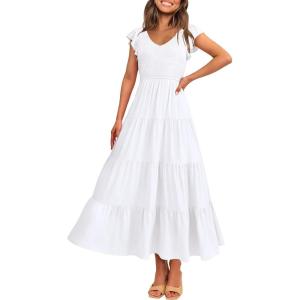 PRETTYGARDEN Women’s Summer Flowy Maxi Dress Casual Cap Sleeve V Neck Smocked Beach Sundress(White)