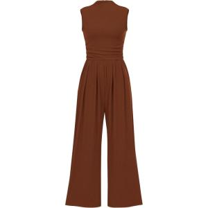 PRETTYGARDEN Womens Summer Jumpsuits Dressy Casual One Piece Outfits Sleeveless Mock Neck Wide Leg Pants Rompers with Pockets(Brown)