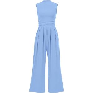 PRETTYGARDEN Womens Summer Jumpsuits Dressy Casual One Piece Outfits Sleeveless Mock Neck Wide Leg Pants Rompers with Pockets(Light Blue)