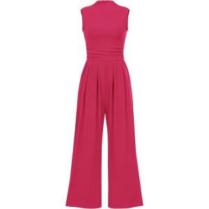 PRETTYGARDEN Womens Summer Jumpsuits Dressy Casual One Piece Outfits Sleeveless Mock Neck Wide Leg Pants Rompers with Pockets(Rose Red)