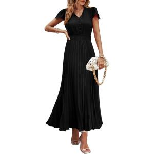 PRETTYGARDEN Women’s Summer Maxi Dresses 2026 Trendy Casual Button V Neck Ruffle Cap Sleeve Long Flowy Spring Pleated Dress(Black)