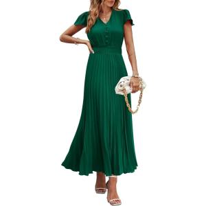 PRETTYGARDEN Women’s Summer Maxi Dresses 2026 Trendy Casual Button V Neck Ruffle Cap Sleeve Long Flowy Spring Pleated Dress(Dark Green)