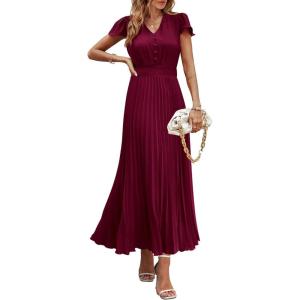 PRETTYGARDEN Women’s Summer Maxi Dresses 2026 Trendy Casual Button V Neck Ruffle Cap Sleeve Long Flowy Spring Pleated Dress(Dark Wine Red)