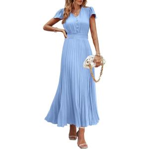 PRETTYGARDEN Women’s Summer Maxi Dresses 2026 Trendy Casual Button V Neck Ruffle Cap Sleeve Long Flowy Spring Pleated Dress(Light Blue)