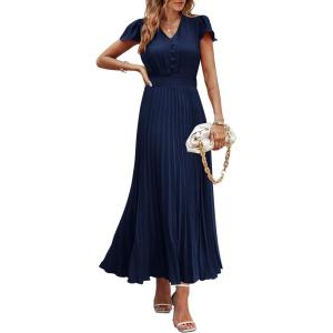 PRETTYGARDEN Women’s Summer Maxi Dresses 2026 Trendy Casual Button V Neck Ruffle Cap Sleeve Long Flowy Spring Pleated Dress(Navy)