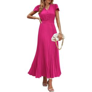 PRETTYGARDEN Women’s Summer Maxi Dresses 2026 Trendy Casual Button V Neck Ruffle Cap Sleeve Long Flowy Spring Pleated Dress(Rose Red)