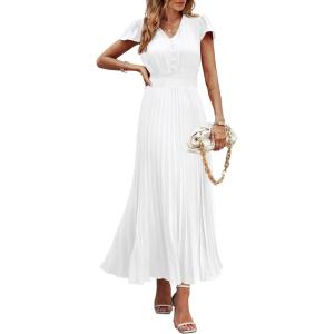 PRETTYGARDEN Women’s Summer Maxi Dresses 2026 Trendy Casual Button V Neck Ruffle Cap Sleeve Long Flowy Spring Pleated Dress(White)