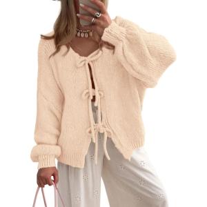 PRETTYGARDEN Women’s Tie Front Bow Cardigan Sweaters Chunky Knit Long Puff Sleeve Trendy Fall Winter Jacket Coats(Apricot)