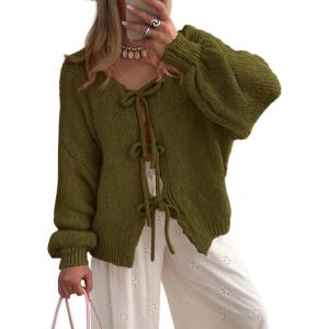 PRETTYGARDEN Women’s Tie Front Bow Cardigan Sweaters Chunky Knit Long Puff Sleeve Trendy Fall Winter Jacket Coats(Army Green)