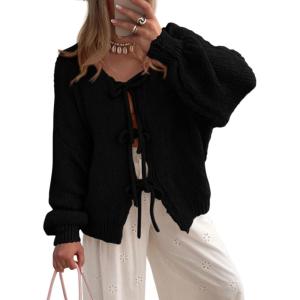 PRETTYGARDEN Women’s Tie Front Bow Cardigan Sweaters Chunky Knit Long Puff Sleeve Trendy Fall Winter Jacket Coats(Black)