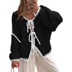PRETTYGARDEN Women’s Tie Front Bow Cardigan Sweaters Chunky Knit Long Puff Sleeve Trendy Fall Winter Jacket Coats(Black White)