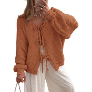 PRETTYGARDEN Women’s Tie Front Bow Cardigan Sweaters Chunky Knit Long Puff Sleeve Trendy Fall Winter Jacket Coats(Brick Red)