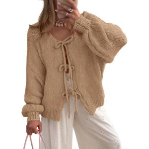 PRETTYGARDEN Women’s Tie Front Bow Cardigan Sweaters Chunky Knit Long Puff Sleeve Trendy Fall Winter Jacket Coats(Camel)