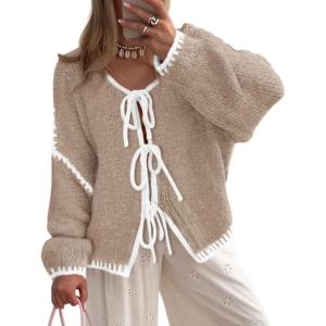 PRETTYGARDEN Women’s Tie Front Bow Cardigan Sweaters Chunky Knit Long Puff Sleeve Trendy Fall Winter Jacket Coats(Camel White)