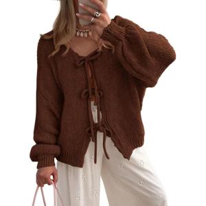 PRETTYGARDEN Women’s Tie Front Bow Cardigan Sweaters Chunky Knit Long Puff Sleeve Trendy Fall Winter Jacket Coats(Caramel)
