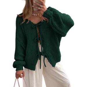 PRETTYGARDEN Women’s Tie Front Bow Cardigan Sweaters Chunky Knit Long Puff Sleeve Trendy Fall Winter Jacket Coats(Dark Green)