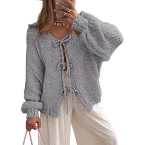 PRETTYGARDEN Women’s Tie Front Bow Cardigan Sweaters Chunky Knit Long Puff Sleeve Trendy Fall Winter Jacket Coats(Grey)