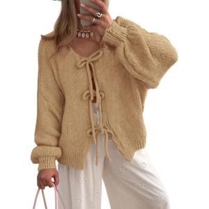 PRETTYGARDEN Women’s Tie Front Bow Cardigan Sweaters Chunky Knit Long Puff Sleeve Trendy Fall Winter Jacket Coats(Khaki)