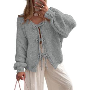 PRETTYGARDEN Women’s Tie Front Bow Cardigan Sweaters Chunky Knit Long Puff Sleeve Trendy Fall Winter Jacket Coats(Light Grey)